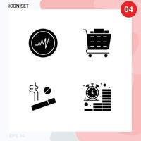conjunto de glifos sólidos de interface móvel de 4 pictogramas de relógio cardíaco check-out fumaça finanças elementos de design de vetores editáveis