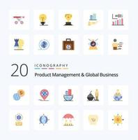 20 gerenciamento de produtos e pacote de ícones de cores planas de negócios globais como problema de negócios organização global negócios modernos vetor