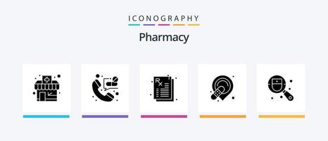 pacote de ícones de glifo 5 de farmácia, incluindo pesquisa. doutor. farmacia. checar. curativo. design de ícones criativos vetor