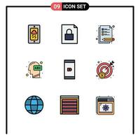 pacote de cores planas fillline de 9 símbolos universais de notas sem dinheiro de smartphone aprendendo elementos de design de vetores humanos editáveis