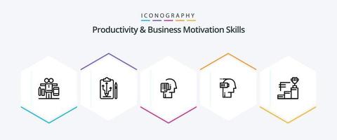 produtividade e habilidades de motivação empresarial pacote de ícones de 25 linhas, incluindo mental. exaustão. pensar. bateria. cronograma vetor