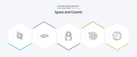 pacote de ícones de 25 linhas de espaço, incluindo espaço. lua. sistema solar. Traje. astronauta vetor