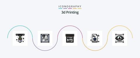 Linha de impressão 3D preenchida com 5 ícones planos, incluindo modelo. 3d.gadget. 3d vetor