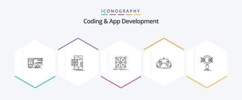 pacote de ícones de 25 linhas de codificação e desenvolvimento de aplicativos, incluindo dispositivos móveis. jogos. desenvolvimento. complexo. aplicativo vetor