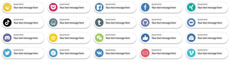20 siga-me ícones de mídia social com opção de mensagem personalizada, como vídeo. vídeo. ícones de zoom e tumblr. alta definição e profissional vetor