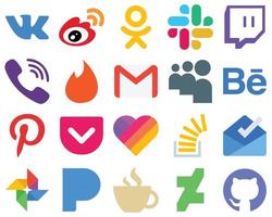 20 ícones de mídia social plana de estilo vetorial pinterest. meu espaço. viber. ícones de correio e gmail. coleção de ícones de gradiente vetor