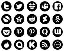 20 ícones inovadores de mídia social branca em fundo preto, como quora. bolso. simples. ícones odnoklassniki e reddit. exclusivo e de alta definição vetor