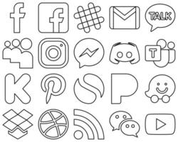 20 ícones personalizáveis de mídia social com contorno preto, como texto. discórdia. meu espaço. fb e ícones do messenger. totalmente personalizável e de alta qualidade vetor