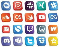 20 ícones de mídia social 3D isométricos profissionais, como meta. Youtube. xing. ícones rápidos e musicais. alta qualidade e criativo