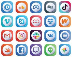 20 ícones fofos de gradiente 3D para as principais plataformas de mídia social, como mães. bate-papo. douyin. ícones skype e vimeo. editável e simples vetor
