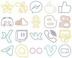 20 ícones de mídia social de contorno colorido vibrante, como som. transmissão. texto e discórdia personalizáveis e de alta resolução vetor