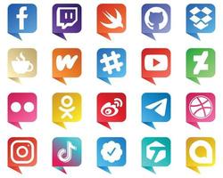 ícones de estilo de bolha de bate-papo dos principais pacotes de mídia social 20, como yahoo. deviantart. transmissão. ícones de vídeo e spotify. limpo e profissional vetor