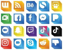 Ícones de mídia social 3D para impressão 20 ícones embalam como vídeo. pandora. fb e ícones do messenger. minimalista e personalizável vetor
