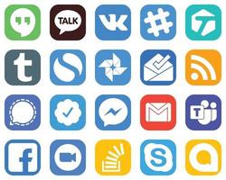 20 ícones de mídia social para todas as plataformas, como fb. mensageiro. caixa de entrada. crachá verificado pelo twitter e ícones do messenger. conjunto de ícones de gradiente exclusivo vetor