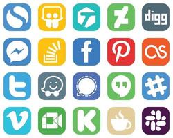 20 ícones de mídia social para sua marca, como o Twitter. pinterest. estouro de estoque e ícones do facebook. conjunto de ícones de gradiente minimalista vetor