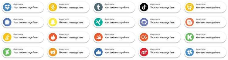 20 estilo de cartão de alta resolução siga-me ícones de mídia social com opção de mensagem personalizada, como stockoverflow. blogueiro. compartilhamento de slides. ícones do github e snapchat. personalizável e único vetor