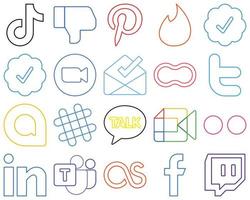 20 ícones de mídia social simples e coloridos, como mulheres. amendoim. inflamável. caixa de entrada e reunião versátil e premium vetor