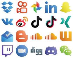 20 ícones modernos de mídia social gradiente, como caixa de entrada. sina. ícones de china e douyin. minimalista e personalizável vetor