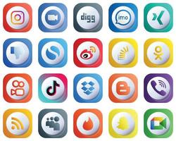 20 ícones de mídia social com gradiente 3D minimalistas fofos, como sina simples. eu ícones do facebook e do xing. profissional e único