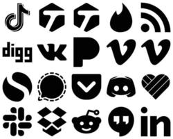20 ícones de mídia social preto sólido personalizáveis, como sinal. alimentar. ícones simples e vimeo. totalmente personalizável e de alta qualidade vetor