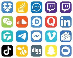 20 ícones simples de mídia social, como pergunta. disqus. ícones de música e soundcloud. coleção de ícones de gradiente vetor