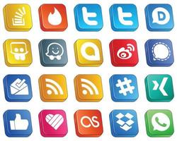 20 ícones de mídia social 3d isométricos elegantes, como sinal. ícones de compartilhamento de slides e sina. profissional e limpo vetor