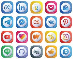 ícones de gradiente 3D fofos para os principais pacotes de mídia social 20, como vídeo. pinterest. mensageiro. ícones vk e fb. moderno e de alta resolução