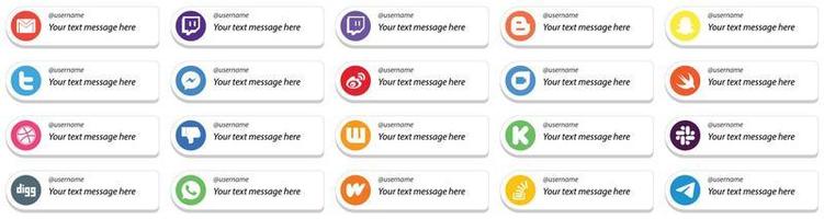plataforma de mídia social estilo cartão siga-me ícones com opção de mensagem personalizada 20 pack como swift. tweet. ícones de china e weibo. totalmente editável e único vetor