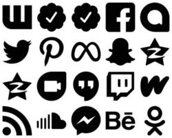 20 conjunto de ícones de mídia social sólido preto profissional, como contração muscular. google dupla. ícones pinterest e qzone. profissional e limpo vetor