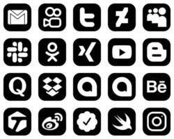 20 ícones inovadores de mídia social branca em fundo preto, como dropbox. quora. folga. ícones de blog e vídeo. exclusivo e de alta definição vetor