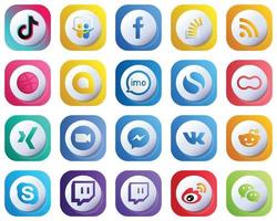 ícones de gradiente 3d fofos para pacotes populares de mídia social 20, como imo. driblar. ícones de alimentação e estouro. moderno e de alta qualidade vetor