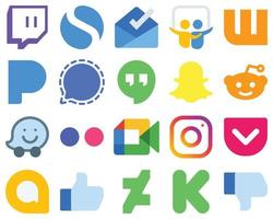 20 ícones planos de mídia social para um design minimalista do google meet. ícones do yahoo e do waze. conjunto de ícones de gradiente exclusivo vetor