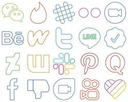 20 ícones de mídia social com contornos coloridos exclusivos, como deviantart. linha. encontro. tweet e literatura elegante e minimalista vetor