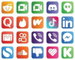 20 ícones minimalistas de mídia social, como a China douyin. hangouts do google. ícones tiktok e wattpad. exclusivo e de alta definição vetor