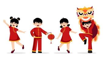menino e menina chineses comemoram o ano novo chinês com lanterna e dança do leão. crianças asiáticas alegres vetor
