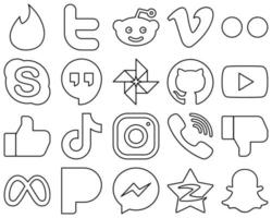 20 ícones de mídia social de contorno preto simples e minimalistas, como tiktok. Curti. skype. ícones de vídeo e github. minimalista e profissional vetor