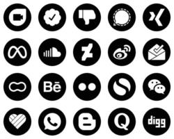 20 ícones criativos de mídia social branca em fundo preto, como sina. meta. weibo e ícones da música. totalmente editável e versátil vetor