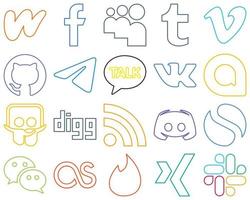 20 ícones de mídia social com contornos coloridos projetados profissionalmente, como digg. google allo. vídeo e vk totalmente editáveis e únicos vetor