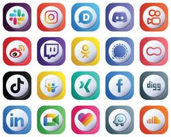 20 lindos ícones de mídia social de alta qualidade com gradiente 3D, como messenger. odnoklassniki. ícones de contração muscular e china. profissional e personalizável vetor