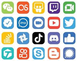 20 ícones de mídia social para todas as plataformas, como o YouTube. encontro. distintivo verificado pelo twitter e ícones de vídeo. conjunto de ícones de gradiente exclusivo vetor