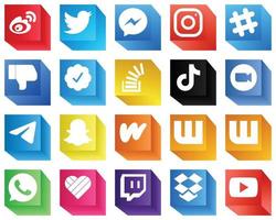 ícones de mídia social 3d modernos 20 ícones embalam como pergunta. selo de verificação do twitter. fb. ícones do facebook e spotify. elegante e minimalista