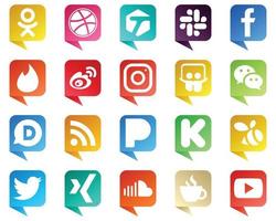 ícone de mídia social de estilo de bolha de bate-papo conjunto de 20 ícones, como messenger. compartilhamento de slides. ícones do weibo e do instagram. elegante e minimalista vetor