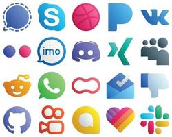 20 ícones de mídia social gradiente para marcas populares, como message. flickr. discórdia e ícones de vídeo. atraente e editável vetor