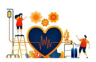 verificar a saúde do coração com o símbolo do amor e cardiologia das ondas tratamento saudável. o conceito de ilustração vetorial pode ser usado para página de destino, modelo, ui ux, web, aplicativo móvel, cartaz, banner, site, folheto