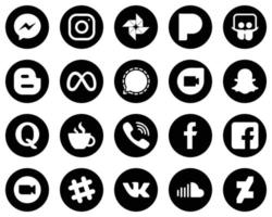 20 ícones criativos de mídia social branca em fundo preto, como snapchat. compartilhamento de slides. Mesenger e ícones do facebook. minimalista e personalizável vetor