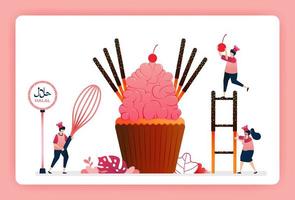 ilustração de cupcakes de morango doce halal cozinheiro. cobertura de açúcar rosa com palitos de bolo de chocolate e doces. o design pode ser usado para website, web, página de destino, banner, aplicativos para celular, ui ux, pôster, folheto vetor