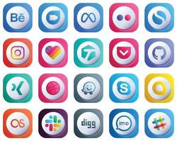20 ícones de marca de mídia social com gradiente 3D bonitos, como skype. driblar. meta. xing e ícones de bolso. personalizável e elegante vetor