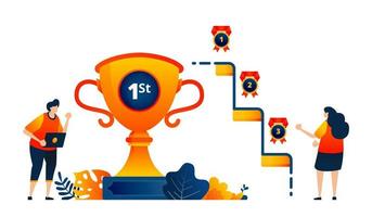 as pessoas ganham medalhas de troféus para o primeiro, segundo, terceiro lugar. celebrando a vitória. o conceito de ilustração vetorial pode ser usado para página de destino, modelo, ui ux, web, aplicativo móvel, cartaz, banner, site, folheto vetor