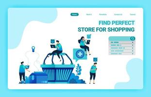 página de destino do carrinho de compras com pessoas ao redor que desejam fazer compras. e-commerce com serviços de delivery e cartonagem. modelo de design de ilustração vetorial para web, websites, site, banner, flyer vetor