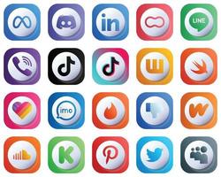 20 ícones de mídia social de gradiente 3D simples e fofos, como vídeo. tiktok. ícones de amendoim e viber. editável e de alta resolução vetor